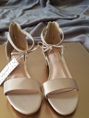 Nine West Rose Gold Ankle-Tie Block Heel Sandals With  a Beautiful Bow